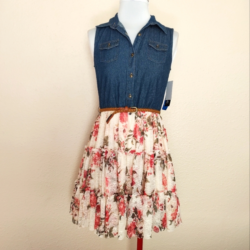 Zunie girls floral lace jean dress L